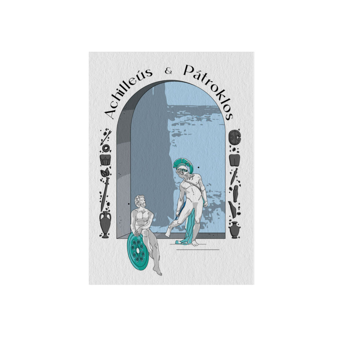 Achilleus-Patroklos-Front Achilleus and Patroklos Card Postal Modern Mythology Blue Love Artually