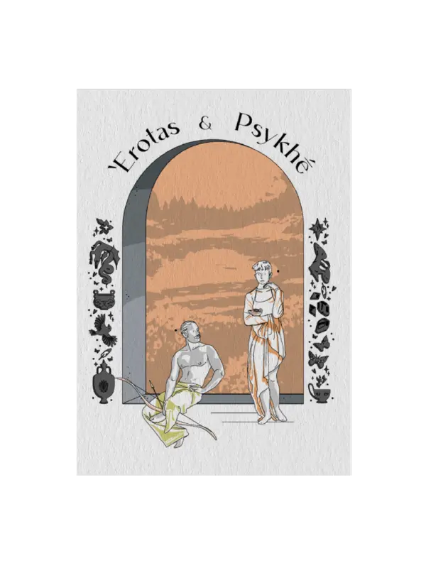 Eros and Psyche Card Postal Modern Mythology Orange Love Artually
