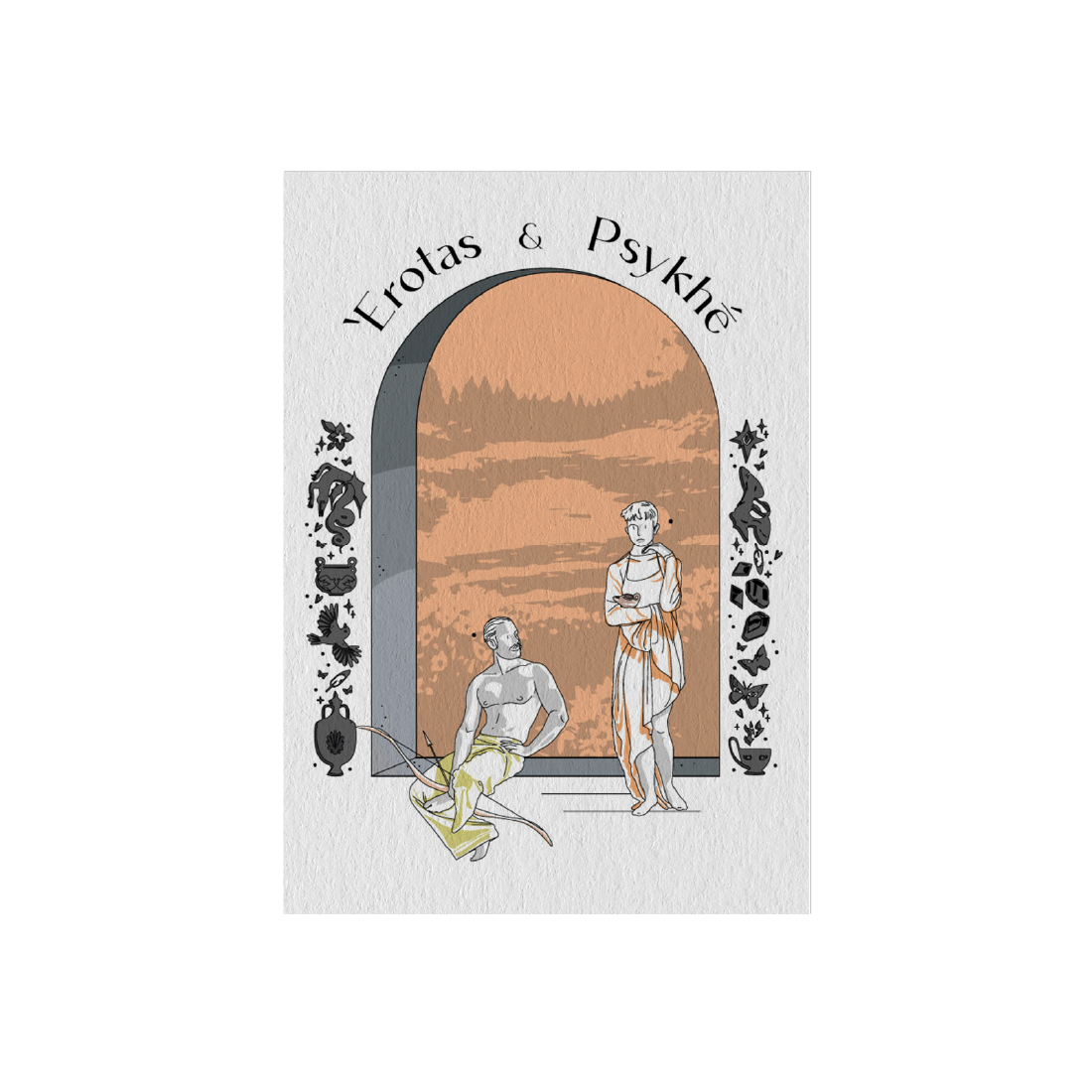 Eros-Psyche-Front-View Eros and Psyche Card Postal Modern Mythology Orange Love Artually