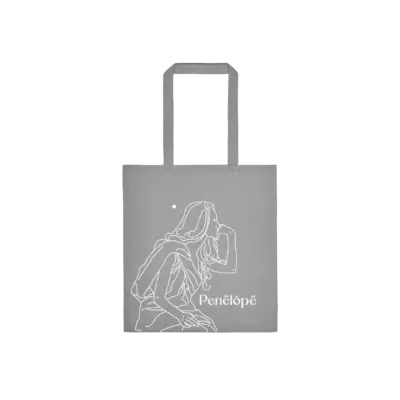 Grey-Tote-Eco-Packaging Grey Tote Bag Odysseus and Penelope folded with eco-friendly label