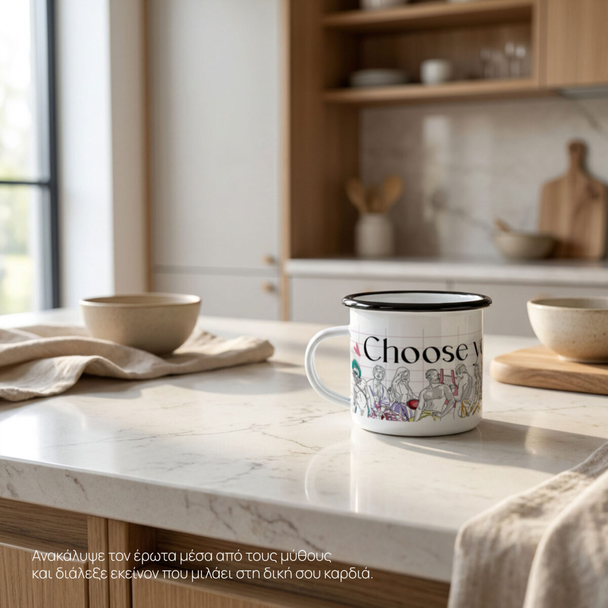 Enamel Mug Choose Your Lover with coffee on a road trip