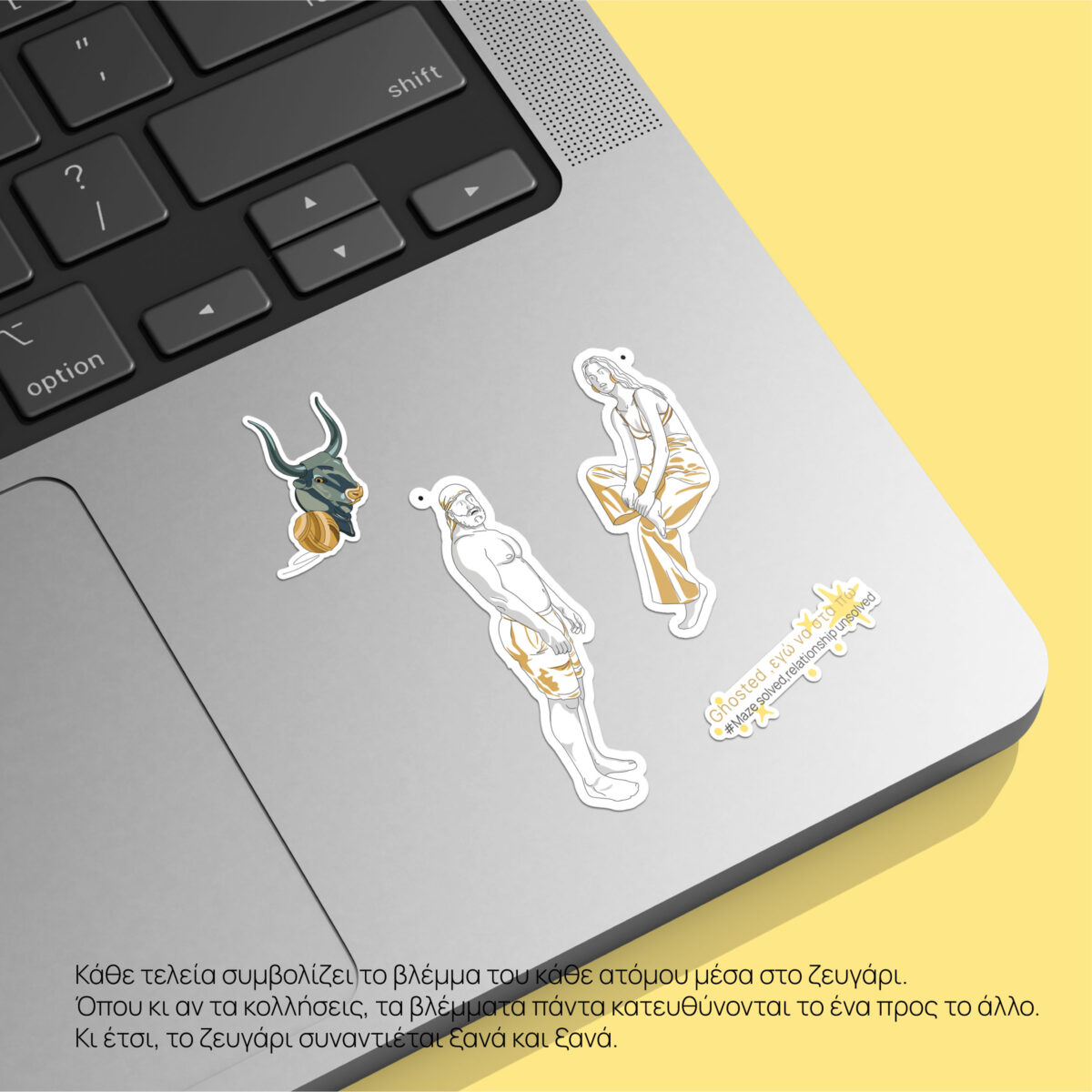 Lifestyle shot Theseus and Ariadne stickers on a beige notebook cover