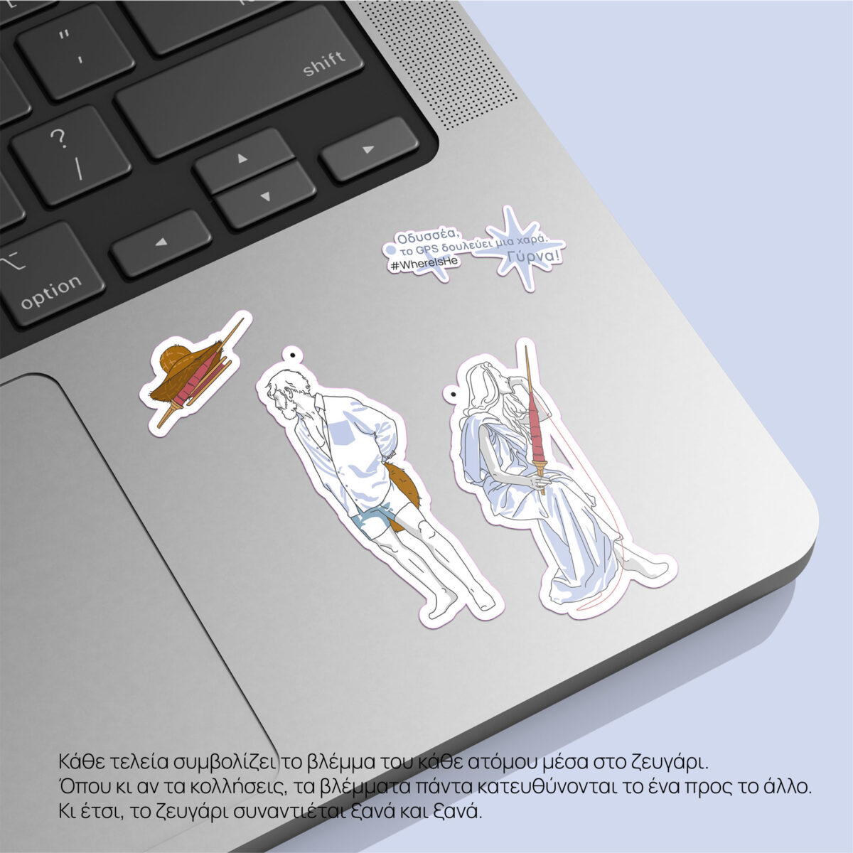 Lifestyle shot Odysseus and Penelope stickers on a grey tablet case