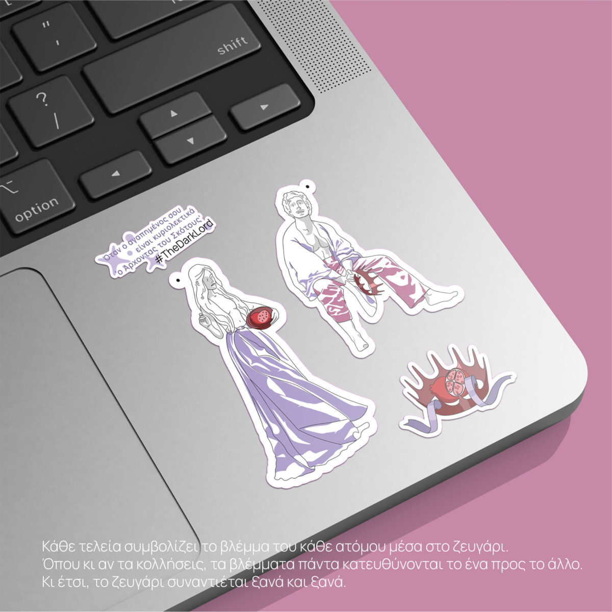 Lifestyle shot Plouto and Persephone stickers on a black tablet cover