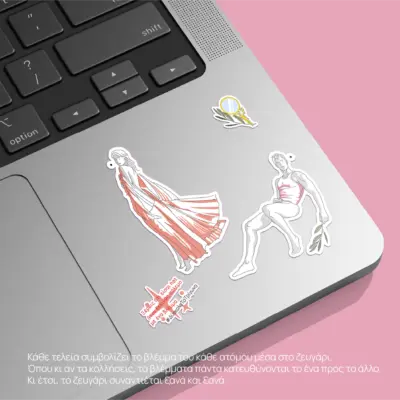 Mythic-Stickers-Laptop-Decoration-Red Lifestyle shot Helen and Menelaus stickers on a silver laptop surface